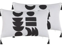 Outlet Beliani Set di 2 cuscini LIRIOPE Nero/Bianco Trama geometrica Bianco Nero