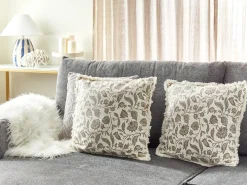 Outlet Beliani Set di 2 cuscini LIVISTONA Cotone 45 x 45 cm Bianco Trama floreale Bianco Grigio