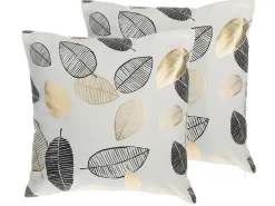 Hot Beliani Set di 2 cuscini LOTUS Cotone 45 x 45 cm Trama di piante Bianco Oro Nero