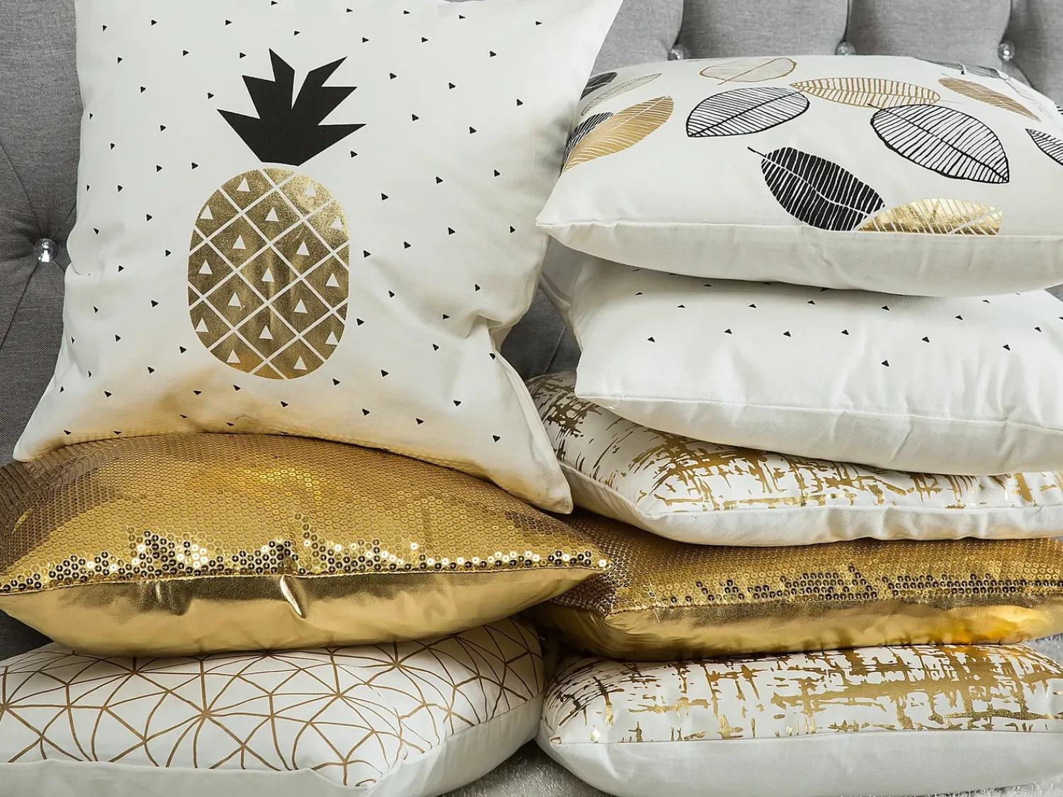 Hot Beliani Set di 2 cuscini LOTUS Cotone 45 x 45 cm Trama di piante Bianco Oro Nero