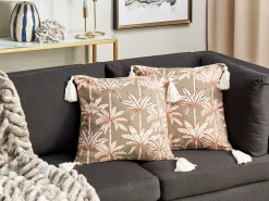 Outlet Beliani Set di 2 cuscini MELOBESIA Cotone 45 x 45 cm Multicolore Trama di piante Beige Bianco Multicolore