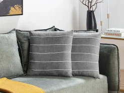 Beliani Set di 2 cuscini MILAS Lino 50 x 50 cm Grigio A strisce Bianco Grigio