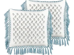 Online Beliani Set di 2 cuscini PALLIDA Cotone 45 x 45 cm Blu Trama floreale Bianco Blu Grigio