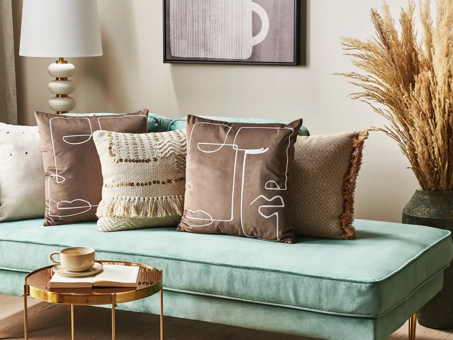Outlet Beliani Set di 2 cuscini PHILODENDRON Velluto 45 x 45 cm Marrone Trama astratta Bianco Marrone