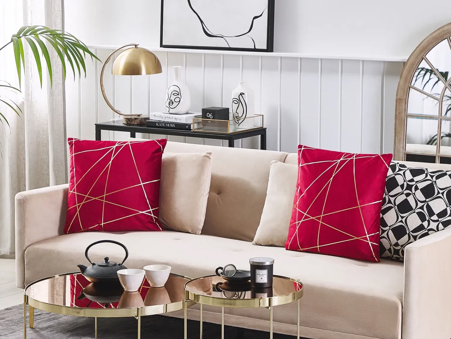 Sale Beliani Set di 2 cuscini PINUS Velluto 45 x 45 cm Rosso Trama geometrica Rosso Oro