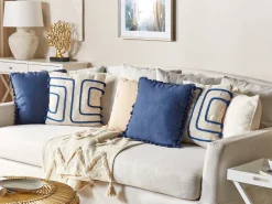 Online Beliani Set di 2 cuscini PLEIONE Cotone 45 x 45 cm Blu marino Trama geometrica Beige Blu