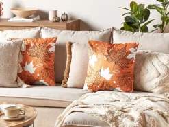 Online Beliani Set di 2 cuscini POINSETTIA Velluto 45 x 45 cm Arancione Trama di piante Bianco Arancione Nero