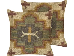 Clearance Beliani Set di 2 cuscini PULICAT Iuta Verde Trama orientale Beige Multicolore Rosso Verde