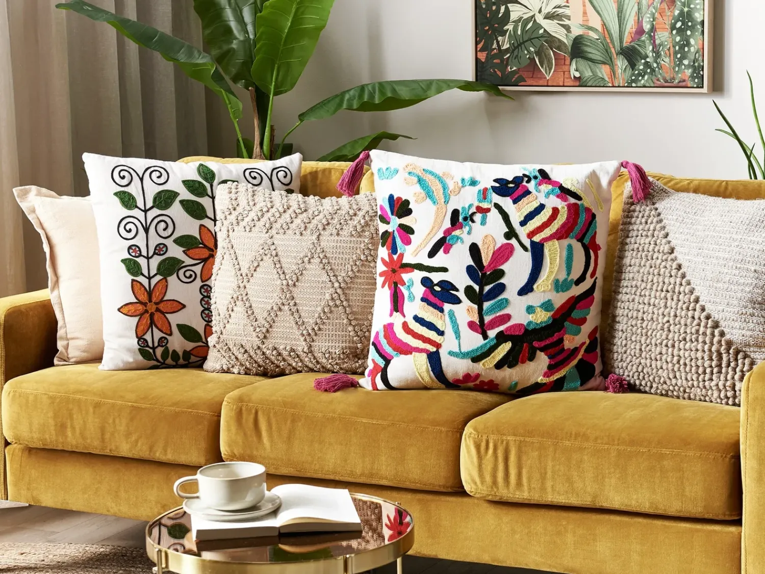 Beliani RAIGANJ Cotone 50 x 50 cm Multicolore Trama astratta Bianco Giallo Rosa Multicolore
