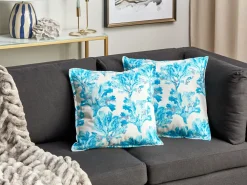 New Beliani Set di 2 cuscini ROCKWEED Cotone 45 x 45 cm Blu Trama floreale Bianco Blu