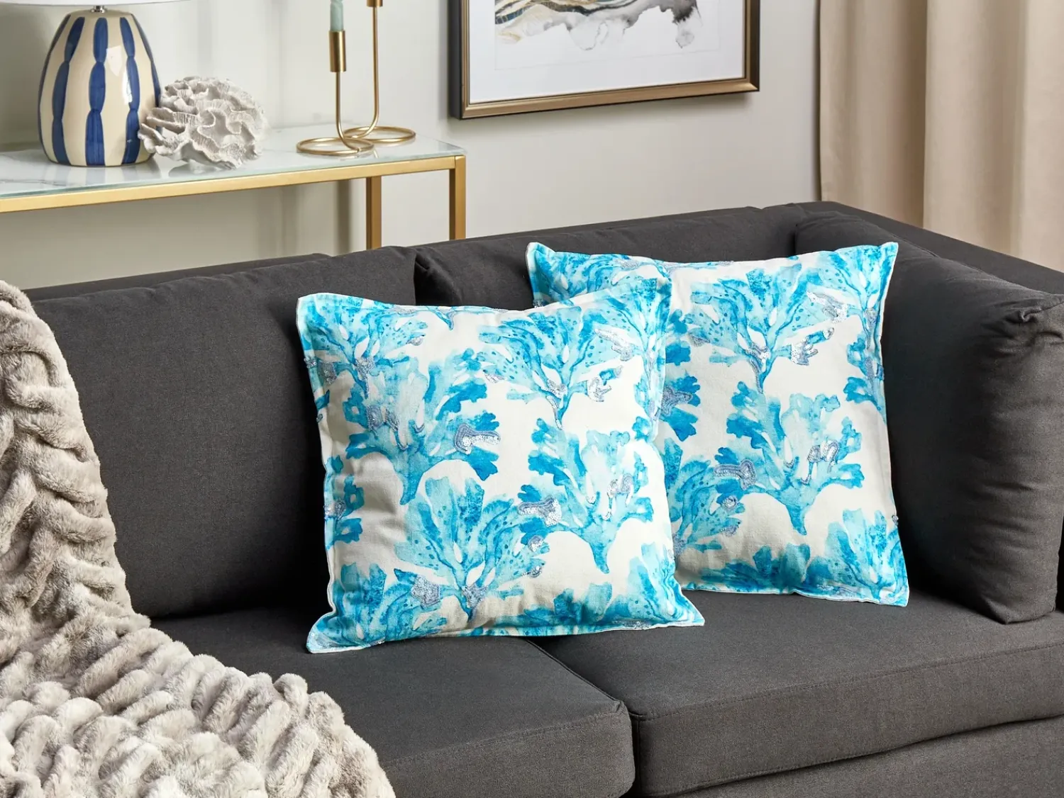 New Beliani Set di 2 cuscini ROCKWEED Cotone 45 x 45 cm Blu Trama floreale Bianco Blu