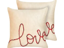 Outlet Beliani Set di 2 cuscini ROTALA Cotone 45 x 45 cm Beige Scritta Beige Rosso Verde
