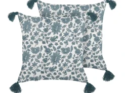 Best Beliani Set di 2 cuscini RUMEX Cotone 45 x 45 cm Blu Trama floreale Bianco Blu
