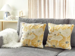 Outlet Beliani Set di 2 cuscini SCIRPUS Cotone 45 x 45 cm Giallo Trama floreale Bianco Giallo Grigio