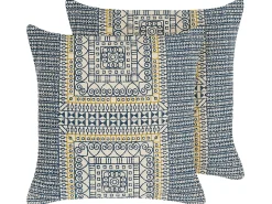 Beliani Set di 2 cuscini SIDI Cotone 50 x 50 cm Blu Trama geometrica Bianco Blu Giallo Multicolore