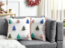 Hot Beliani Set di 2 cuscini SKIMMIA Cotone 45 x 45 cm Bianco Modello natalizio Bianco Blu Rosa Verde