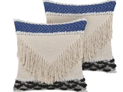 Best Beliani Set di 2 cuscini SOFCA Cotone 45 x 45 cm Beige Trama geometrica Beige Blu