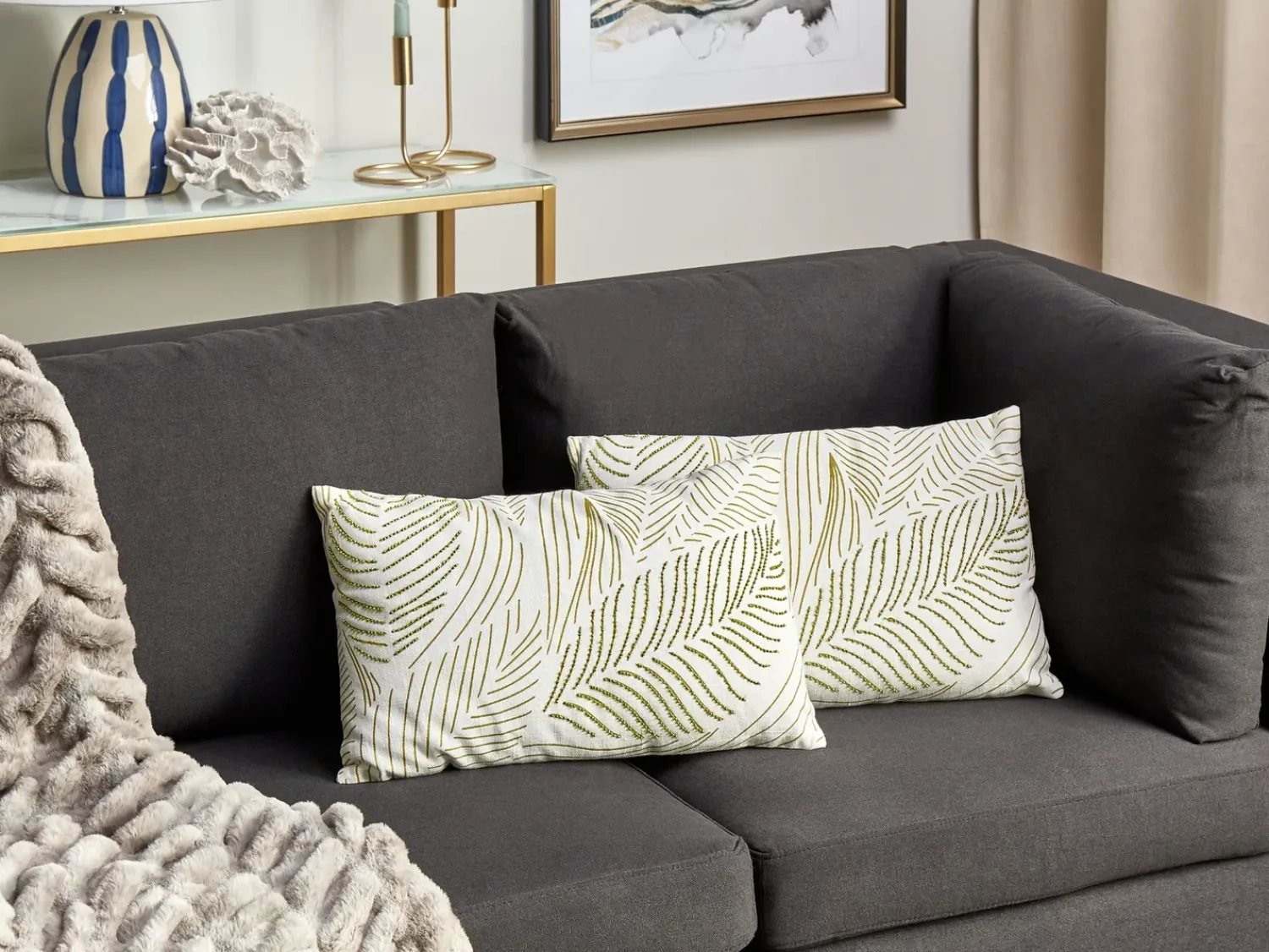 Clearance Beliani Set di 2 cuscini SPANDOREA Cotone 30 x 50 cm Verde Trama di piante Bianco Verde
