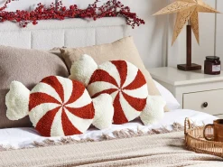 Sale Beliani Set di 2 cuscini SPIRAL CANDY Bouclé 35 x 58 cm Bianco Modello natalizio Bianco Rosso