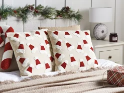 Online Beliani Set di 2 cuscini SUGARPLUM Cotone 45 x 45 cm Beige chiaro Modello natalizio Bianco Beige Rosso