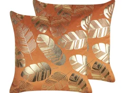 Outlet Beliani Set di 2 cuscini SUNFLOWER Velluto 45 x 45 cm Arancione Trama di piante Arancione Oro