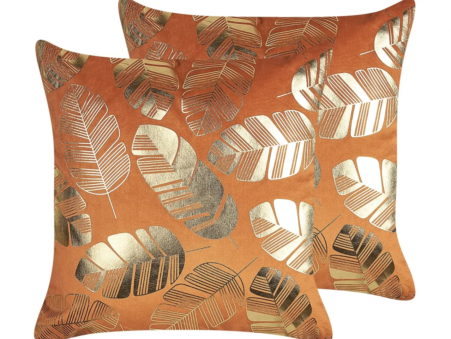 Outlet Beliani Set di 2 cuscini SUNFLOWER Velluto 45 x 45 cm Arancione Trama di piante Arancione Oro