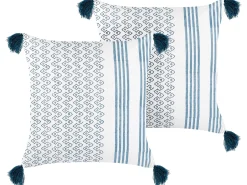 Discount Beliani Set di 2 cuscini TILIA Cotone 45 x 45 cm Blu Trama geometrica Bianco Blu