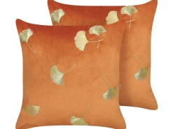 Beliani Set di 2 cuscini TULIP Velluto 45 x 45 cm Arancione Trama di piante Arancione Oro