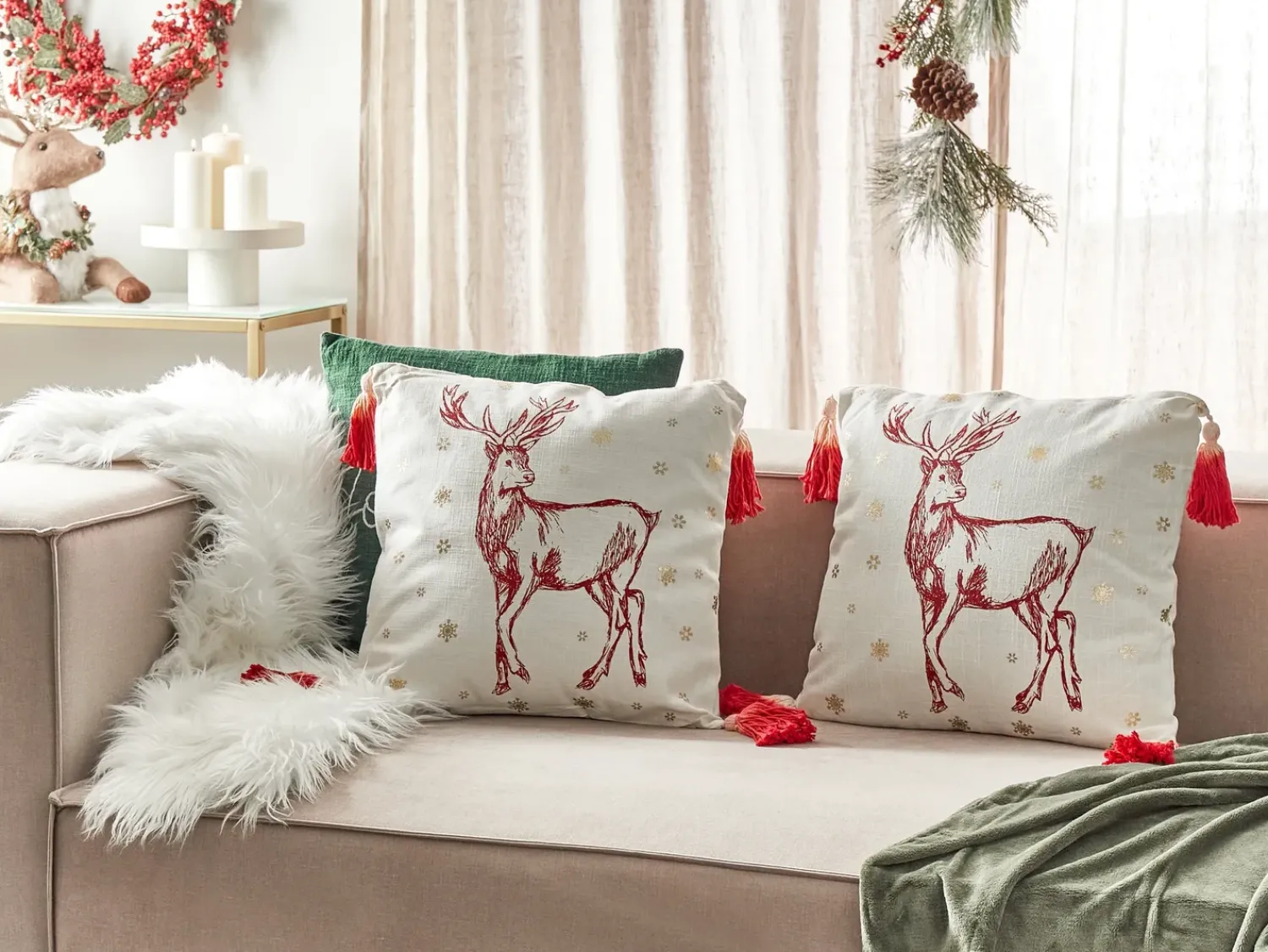 Best Beliani Set di 2 cuscini VALLOTA Cotone 45 x 45 cm Bianco Modello natalizio Bianco Oro Rosso