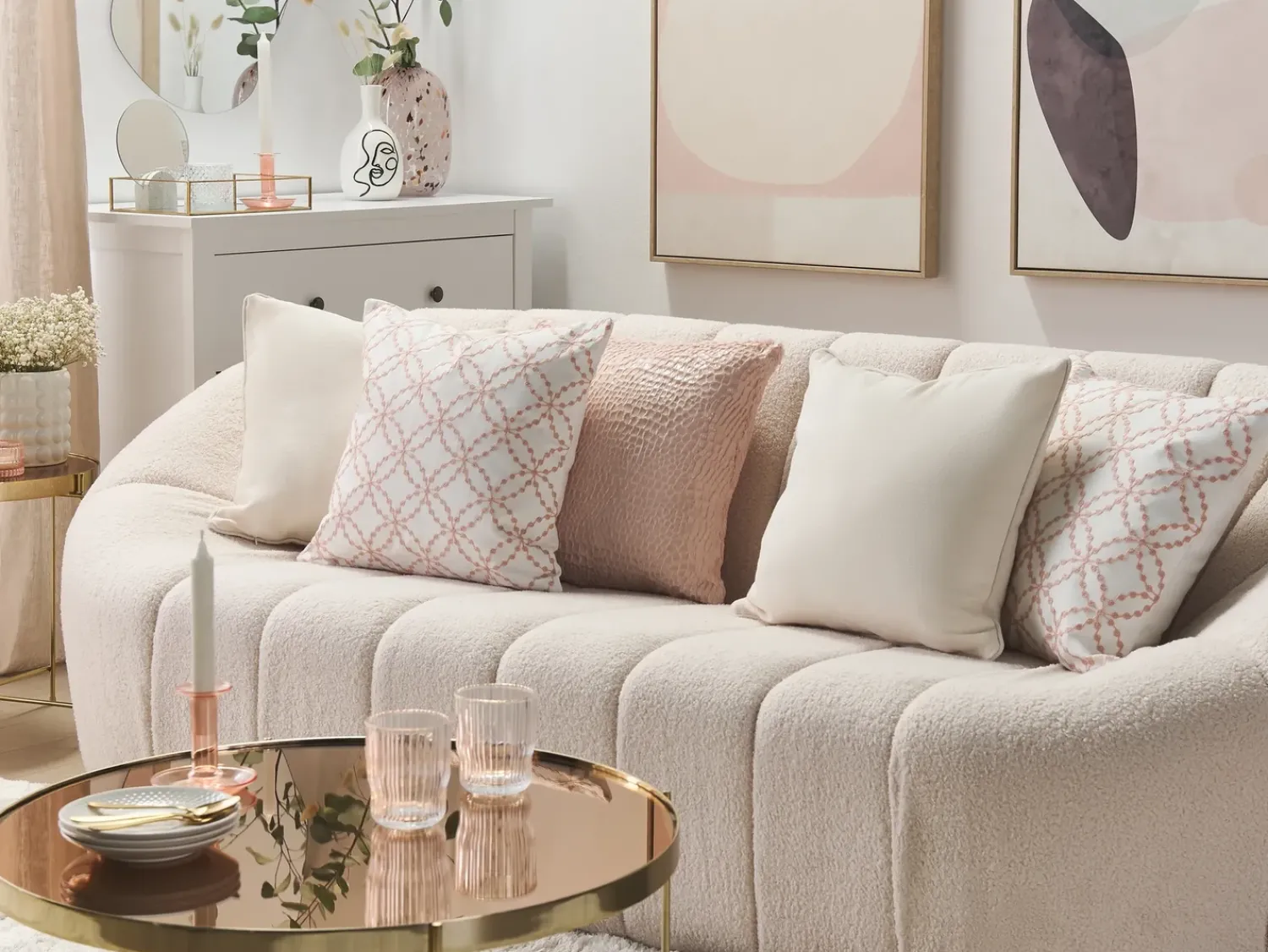 Discount Beliani Set di 2 cuscini VERBENA Cotone 45 x 45 cm Rosa Trama geometrica Bianco Rosa