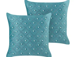 New Beliani Set di 2 cuscini YARROW Velluto 45 x 45 cm Foglia di tè Trama geometrica Argento Blu
