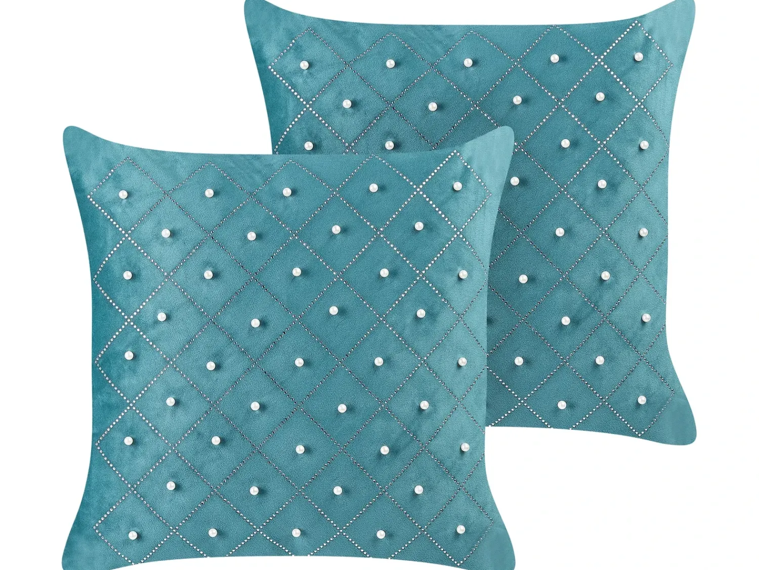 New Beliani Set di 2 cuscini YARROW Velluto 45 x 45 cm Foglia di tè Trama geometrica Argento Blu