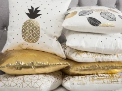 Discount Beliani Set di 2 cuscini YASMIN Cotone 45 x 45 cm Bianco Oro Nero Trama di piante Bianco Nero Oro