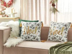Beliani Set di 2 cuscini ZAMIA Cotone 45 x 45 cm Bianco Modello natalizio Bianco Oro Verde