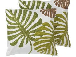 Best Beliani Set di 2 cuscini ZENOBIA Cotone 45 x 45 cm Verde scuro Trama di piante Bianco Verde