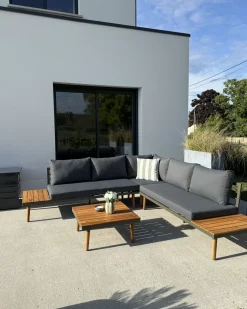 Discount Beliani Set di divani angolari da giardino 5 posti CORATO Legno d'acacia Grigio Marrone Grigio