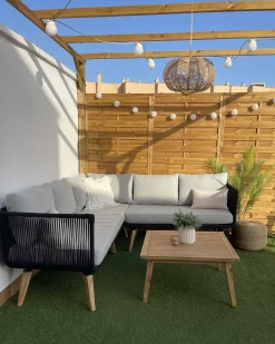 Best Beliani Set di divani angolari da giardino 5 posti ALCAMO Lato Sinistro Legno d'acacia Nero Grigio Marrone Nero