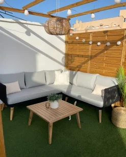 Best Beliani Set di divani angolari da giardino 5 posti ALCAMO Lato Sinistro Legno d'acacia Nero Grigio Marrone Nero