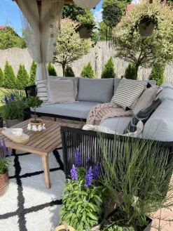 Best Beliani Set di divani angolari da giardino 5 posti ALCAMO Lato Sinistro Legno d'acacia Nero Grigio Marrone Nero