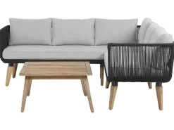Best Beliani Set di divani angolari da giardino 5 posti ALCAMO Lato Sinistro Legno d'acacia Nero Grigio Marrone Nero