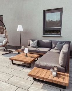 Online Beliani Set di divani angolari da giardino 5 posti MYKONOS Lato destro Legno di acacia certificato Grigio scuro Marrone Grigio