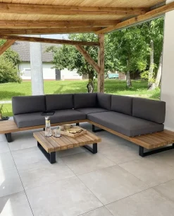 Online Beliani Set di divani angolari da giardino 5 posti MYKONOS Lato destro Legno di acacia certificato Grigio scuro Marrone Grigio