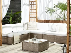 Beliani Set di divani angolari da giardino 6 posti BELVEDERE Rattan sintetico (PE) Bianco Bianco Marrone