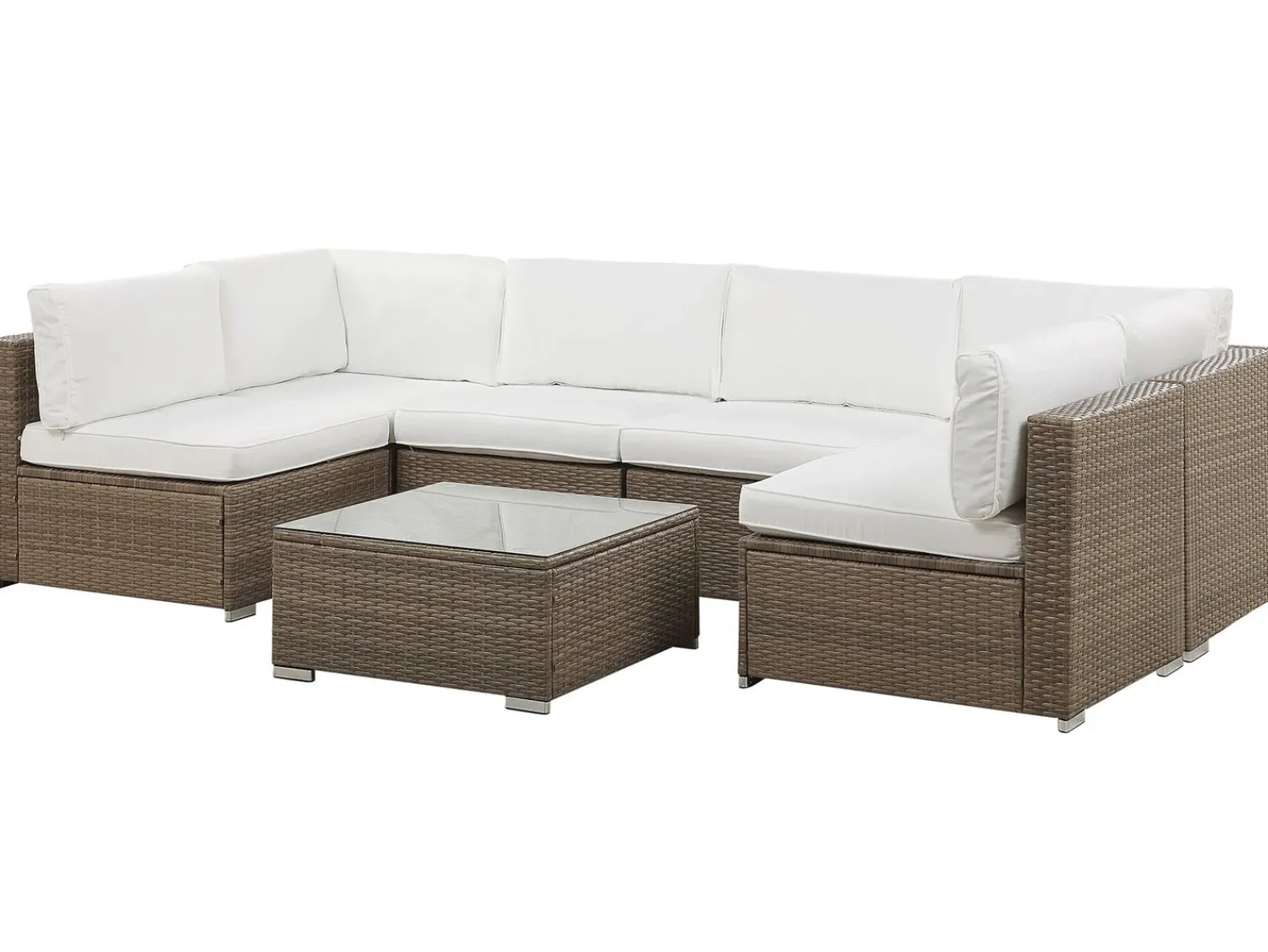 Beliani Set di divani angolari da giardino 6 posti BELVEDERE Rattan sintetico (PE) Bianco Bianco Marrone