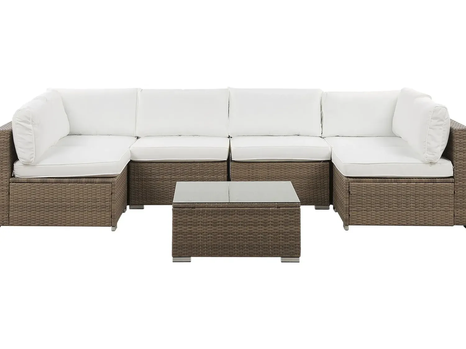 Beliani Set di divani angolari da giardino 6 posti BELVEDERE Rattan sintetico (PE) Bianco Bianco Marrone