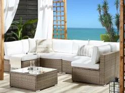 Beliani Set di divani angolari da giardino 6 posti BELVEDERE Rattan sintetico (PE) Bianco Bianco Marrone