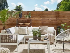 Hot Beliani Set di divani angolari da giardino 4 posti BORELLO Lato Sinistro Metallo Beige Bianco Beige Marrone