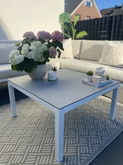 Hot Beliani Set di divani angolari da giardino 4 posti BORELLO Lato Sinistro Metallo Beige Bianco Beige Marrone