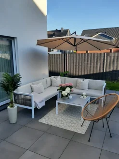 Hot Beliani Set di divani angolari da giardino 4 posti BORELLO Lato Sinistro Metallo Beige Bianco Beige Marrone