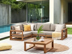 New Beliani Set di divani angolari da giardino 4 posti TIMOR Modulare Legno di acacia certificato Marrone chiaro Beige Marrone Grigio